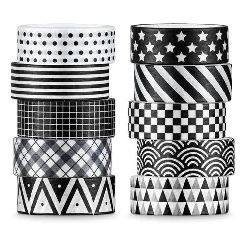 Whaline 10 rollos de cintas Washi de color blanco y negro a cuadros, rayas, estrellas, Washi, cinta adhesiva decorativa de patrón geométrico surtido