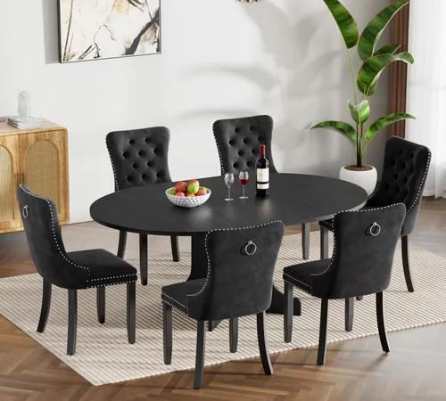 Miniatura 48 de Juego de mesa de comedor de mármol sintético blanco para 6 personas, juego de mesa de comedor extensible de 7 piezas de 63 a 78.74 pulgadas con 6