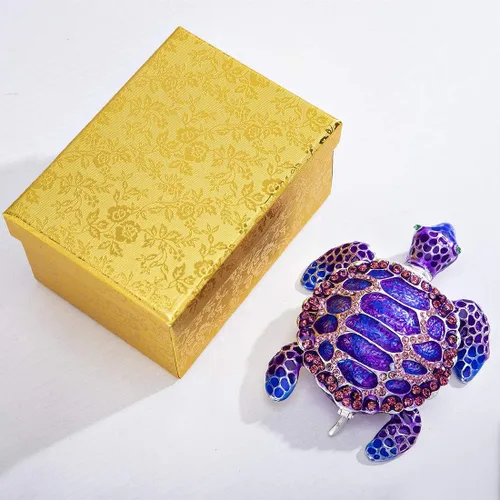 Miniatura 8 de YU FENG Caja de joyería de figura de tortuga marina con bisagras coleccionables de cristal con bisutería decorativa de tortuga de animales (morado)