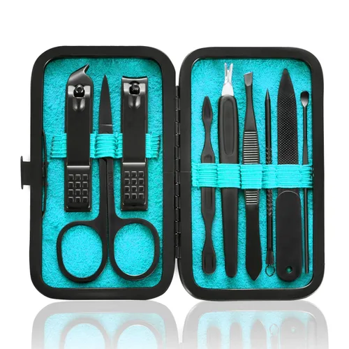 HANTEKAS Juego de Manicura 9 en 1 de Acero Inoxidable, Cortaúñas Tijeras Kit de Herramientas de Pedicura - Kit de Aseo Portátil de Viaje para Azul