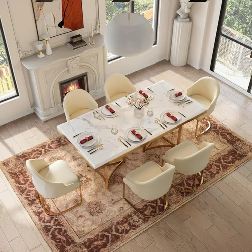 Miniatura 4 de POVISON Mesa de comedor de mármol para 6, mesa de comedor moderna de 71 pulgadas para cocina y comedor, mesa de mármol blanco de lujo con pedestal