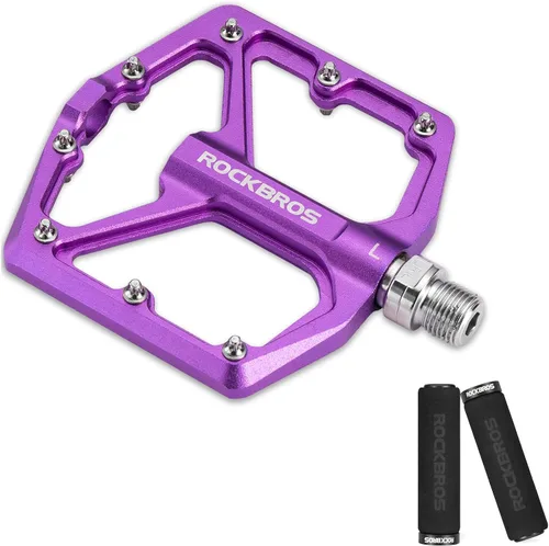 ROCKBROS Pedales de bicicleta de montaña Pedales MTB Pedales planos de bicicleta de aluminio 9/16 "con empuñaduras de bicicleta de espuma de bloqueo