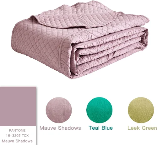 Miniatura 4 de HZ & HY Colcha tamaño King extragrande, juego de ropa de cama ultrasónica, edredón ligero y delgado, reversible, 5 piezas, 100% microfibra, Mauve 3