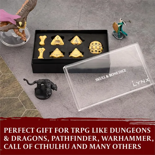 Miniatura 3 de Juego de dados DND - Juego de 7 dados poliédricos de cráneo y hueso para RPG - D20, D12, D10, D10, D8, D6 y D4 lados. Regalo genial y único