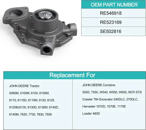 Miniatura 5 de AULINK RE523169 RE546918 SE502816 Bomba de agua con cubierta para John Deere 6105R 6115R 6125R 6105M 6115M 6125M 6140M 7630 7730 7830 7930 7430 7330
