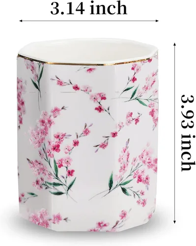 Miniatura 4 de Soporte para bolígrafo para escritorio, con patrón floral, taza de lápices para niñas, niños, organizador de escritorio de cerámica duradero, Rosa