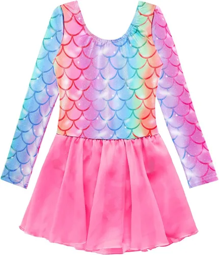 Miniatura 73 de EQSJIU Leotardo de baile de manga larga para niñas, vestido de ballet brillante con copo de nieve, tutú con falda tutú para niñas
