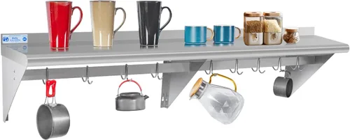 Miniatura 20 de Hally Estante de Acero Inoxidable con 6 Ganchos 12" x 36" Estante para Ollas Montado en Pared, Estantería Flotante Comercial NSF para Almacenamiento
