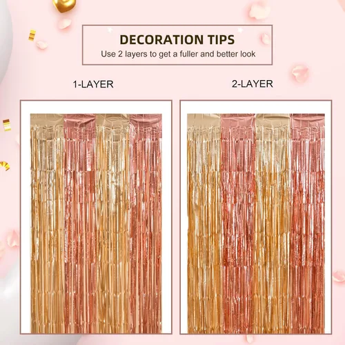 Miniatura 6 de LOLStar Paquete de 2 decoraciones de cumpleaños de oro rosa, cortinas de flecos de papel de aluminio rosa y dorado, cortinas de flecos de papel