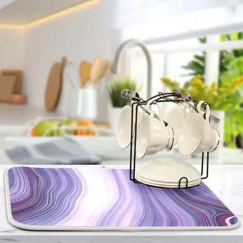 Miniatura 5 de Hermosa alfombra de secado de platos con textura de mármol morado para encimera de cocina, 18 x 24 pulgadas, almohadilla de secado de microfibra