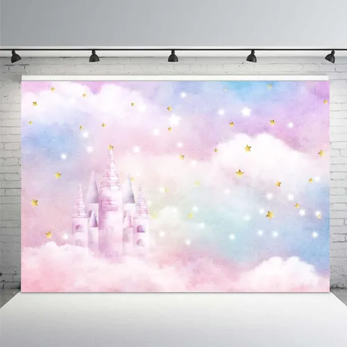 Miniatura 8 de MEHOFOND Acuarela de arco iris pastel para estudio fotográfico, decoración de fondo para cabina de estudio fotográfico, estrellas doradas, nube