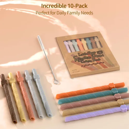 Miniatura 7 de Pajitas de silicona reutilizables para niños y adultos - Aptas para lavavajillas - 10 unidades de 17.3 cm, sin BPA, pajitas multicolores de grado