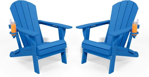Miniatura 13 de Silla plegable Adirondack con portavasos, juego de 2, sillas de plástico HDPE para exteriores, resistentes a la intemperie, aspecto de madera real