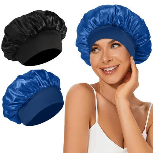 Miniatura 10 de 4 piezas de gorro de satén de seda, gorro de cabello para dormir, gorro de seda elástica de banda ancha para dormir, suave y transpirable