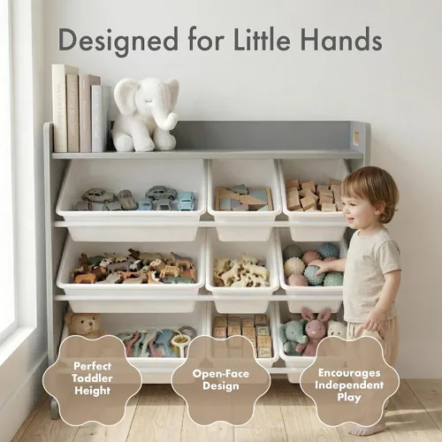 Miniatura 4 de Humble Crew Organizador de almacenamiento de juguetes con estante superior y 9 contenedores extraíbles, gris/blanco, estantería para niños pequeños