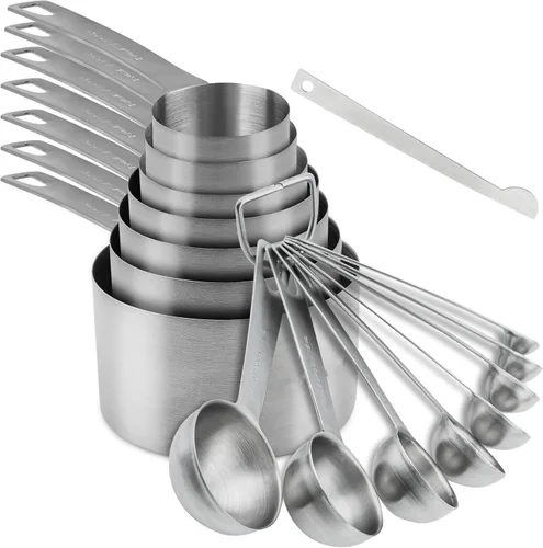 Juego de tazas y cucharas medidoras, acero inoxidable 18/8, 7 tazas medidoras y 8 cucharas medidoras con nivelador, cucharas medidoras de cocina,