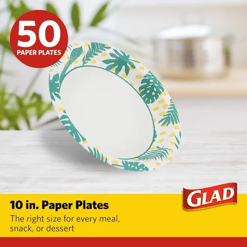 Miniatura 2 de Glad Platos redondos de papel desechables, patrón de hojas de palma, a prueba de remojo, resistentes a cortes, aptos para microondas para comidas