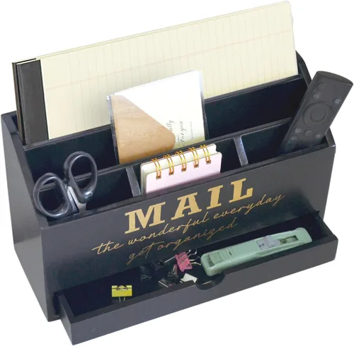 Miniatura 6 de EXQUIDECA Soporte rústico negro de madera para almacenamiento de correo de encimera con cajón y compartimentos - Accesorios de escritorio de oficina