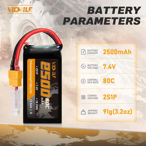 Miniatura 2 de Batería Lipo 2S 2500mAh 7.4V 80C Alta tasa de descarga Shorty Pack Baterías RC con enchufe XT60 Fit para RC Avión FPV Quadcopter Helicóptero Drone