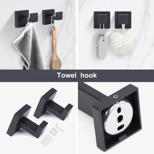 Miniatura 6 de Accesorios de baño de acero inoxidable negro mate, juego de 5 piezas con toallero cuadrado de 16 pulgadas, toallero y soporte