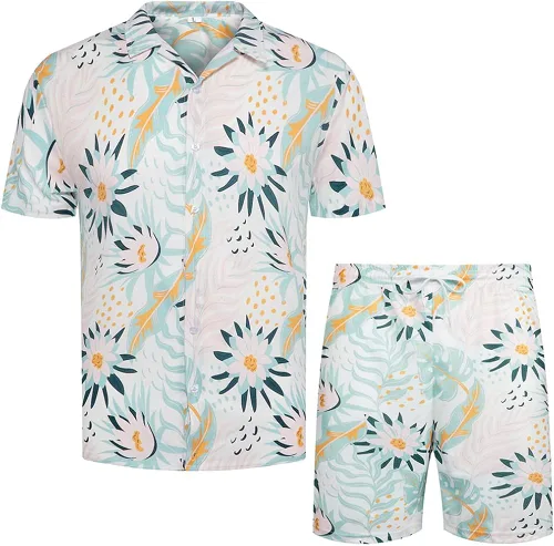 DUOFIER Conjunto de camisa hawaiana para hombre, 2 piezas, estampado floral, conjunto de ropa de vacaciones para la playa