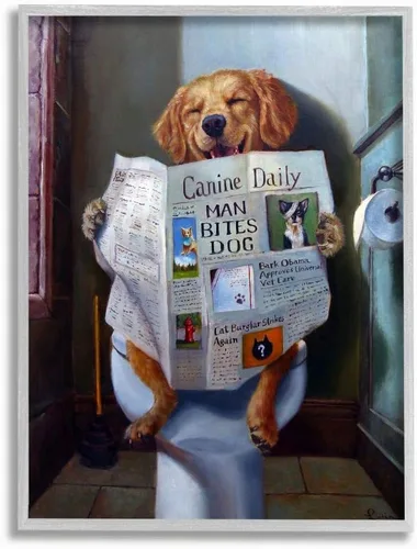 Stupell Industries 'Periódico de lectura de perros en el inodoro', arte giclée enmarcado, gris, 11 x 14 pulgadas, fácil de colgar y resistente,