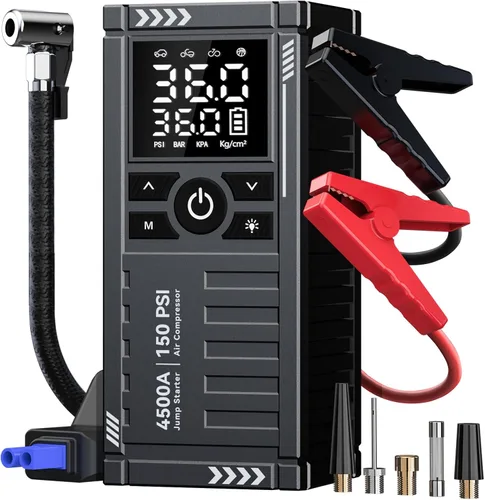 Arrancador de batería de automóvil con compresor de aire - 4500A 150PSI Arrancador portátil de batería de automóvil (todo gas/10L diésel) con