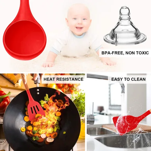 Miniatura 6 de MIBOTE Juego de utensilios de cocina de silicona, resistente a 230 °C, pinzas para voltear, espátula, cuchara, batidor, mango de madera, juego
