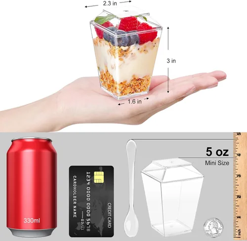 Miniatura 2 de TOFLEN Paquete de 50 tazas de postre de plástico de 5 onzas con tapas para fiestas, mini tazas cuadradas de postre con cucharas para yogur, parfait