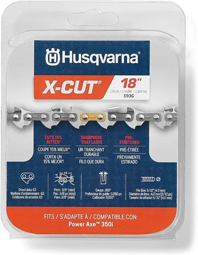 Husqvarna X-Cut S93G - Cadena de motosierra de 18 pulgadas, paso de 0.3/8 pulgadas, calibre de .050 pulgadas, 62 eslabones de transmisión, reemplazo