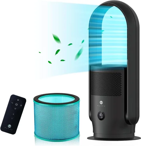ULTTY - Ventilador de torre sin aspas y purificador de aire, ventilador oscilante silencioso con control remoto y táctil, 9 velocidades,
