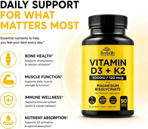 Miniatura 4 de HerbaMe Vitamina D3 5000 UI + K2 con bisglicinato de magnesio Fórmula completa de apoyo para la activación y absorción D3 Bienestar óseo