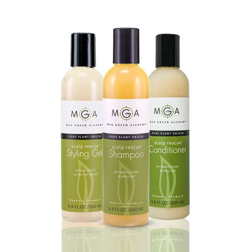 MGA - Champú vegano para el cabello, acondicionador y gel de peinado, fórmula orgánica de rescate del cuero cabelludo para todo tipo de cabello,