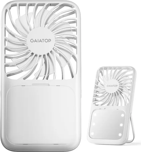 Miniatura 9 de Gaiatop Ventilador de mano portátil, espejo de maquillaje LED de 3 velocidades con luz, soporte plegable para escritorio, mini ventiladores Rosa