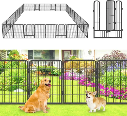 Miniatura 9 de Valla de jardín con puerta, 22 pies de largo x 32 pulgadas de alto, valla de jardín para patio, 10 paneles para perros sin excavar al aire libre