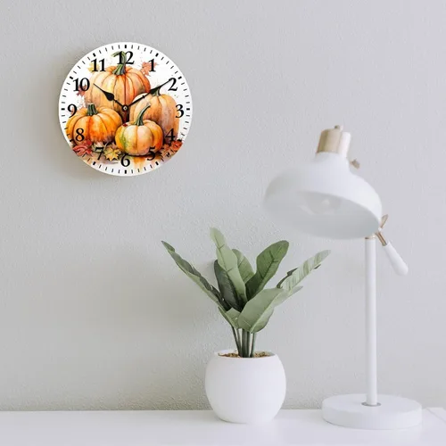 Miniatura 6 de Reloj de pintura de tinta acuarela amarillo verde calabazas hojas redondo creativo reloj decorativo sin tictac Acción de Gracias o Halloween reloj