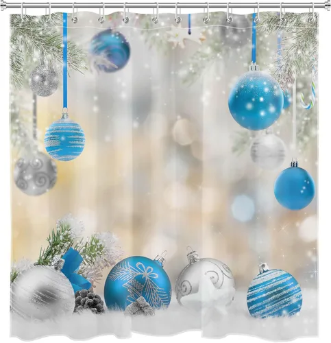 Miniatura 6 de LB Winter Christmas Shower Curtain Sets with Rugs Silver and Light Blue Xmas Ball in Winter Snow Scene Fabric Shower Curtain with Hooks New Year