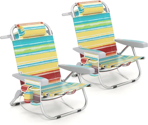 Miniatura 16 de Giantex Silla de playa tipo mochila, silla de camping plegable con 5 posiciones ajustables, soporte para tazas, bolsillos de almacenamiento