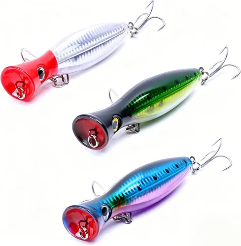Juego de 3 señuelos de pesca Popper, 3 piezas de señuelos de pesca para ojos 3D, accesorios de pesca para aguas saladas y pesca en agua dulce, atún