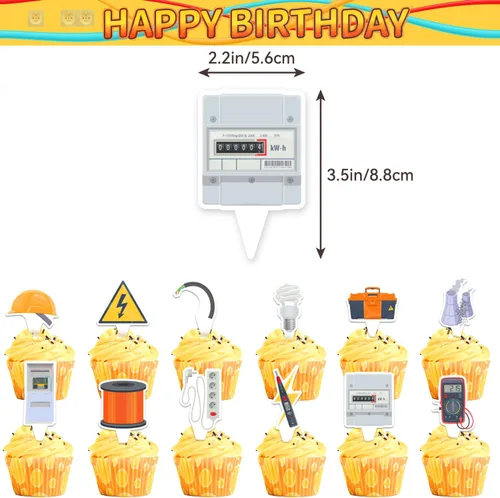 Miniatura 5 de Decoraciones de fiesta de electricista, electricista, liniero, decoraciones temáticas incluye pancarta de feliz cumpleaños, decoración de tartas