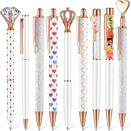 Miniatura 22 de Janmini Juego de 9 bolígrafos de punta de bola de metal con diamantes de cristal y purpurina para diario, tinta negra, cosas bonitas y lindas