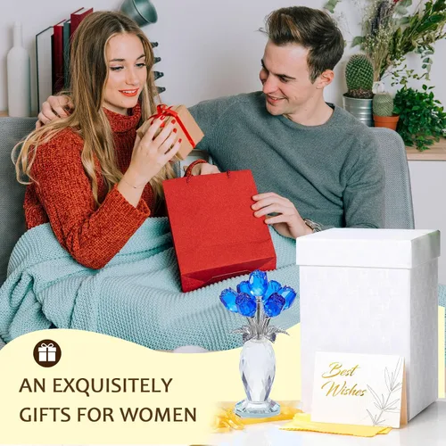 Miniatura 3 de Movdyka Figura de flor de cristal de rosa azul con jarrón de cristal, regalos para mujeres, esposa, novia, mamá, decoración de mesa coleccionable
