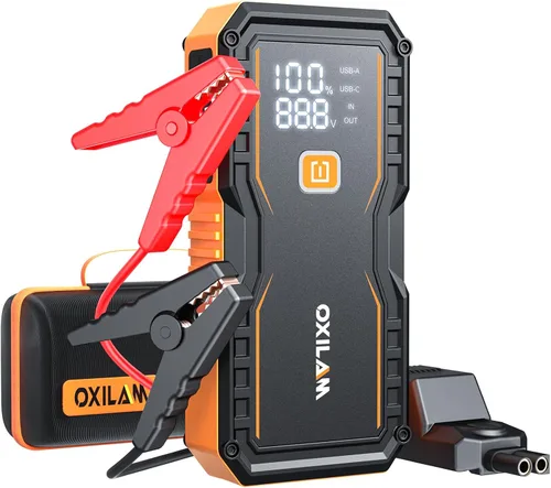 OXILAM Arrancador 6000A para Todo Gas/12L Diésel, Arrancador de Batería de Coche Portátil, Caja de Arranque de Litio de 12V con Cables de Arranque,