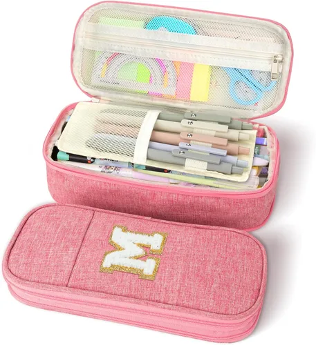 Estuche de lápices de gran capacidad color rosa, lindo estuche de lápices con cremallera para niñas y mujeres, bolsa de lápices expandible estilo