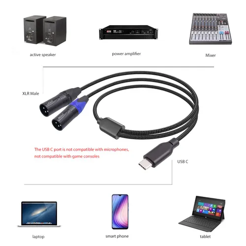 Miniatura 2 de Cable de audio USB C a doble XLR macho de 3.3 pies,Cable amplificador de potencia estéreo macho USB C a 2 XLR, conexión USB c para teléfono móvil