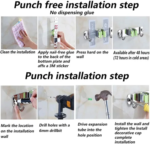 Miniatura 5 de DGSL 4 soportes de pared para escobas con 3 bastidores y 4 ganchos, organizador de pared de acero inoxidable para fregona y escoba, estante