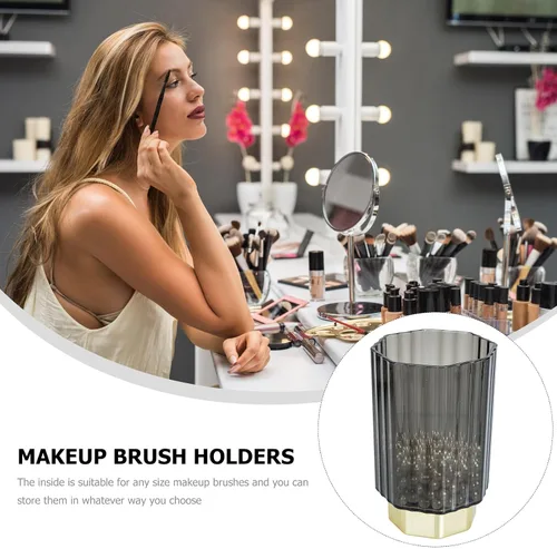 Miniatura 7 de HOMSFOU Vintage Scandinavian Gold-edged Glass Brush Holder, Gray Makeup Brush Organizer and Pencil Cup, Desk Pen Holder for Office Supplies and