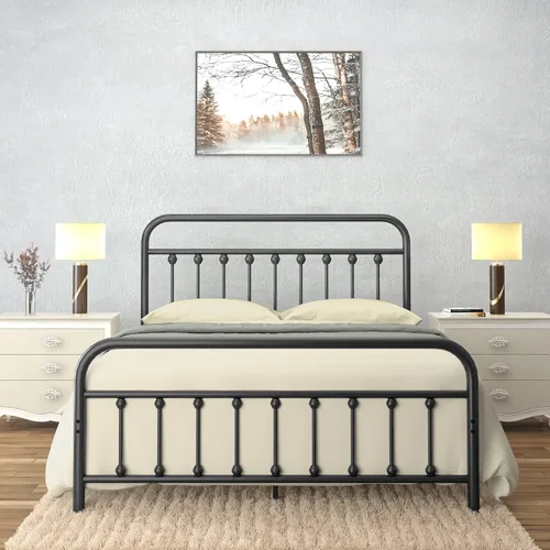 AMBEE21 Golden Gate Beds Marco de Cama de Metal de Estilo Vintage Tamaño King con Cabecera y Pie de Cama de Hierro Forjado – Cama de Plataforma Negro