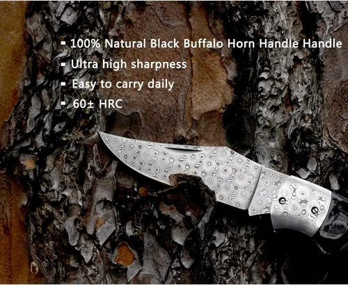 Miniatura 5 de YOUSUNLONG Navaja de bolsillo – Cuchillo plegable – Total 8.071 in – Hoja de acero de Damasco japonés – Mango de cuerno de búfalo negro natural