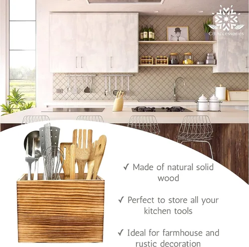 Miniatura 4 de Soporte de utensilios de madera para encimera de cocina, organizador grande de utensilios de 2 compartimentos para encimera, soporte de herramientas